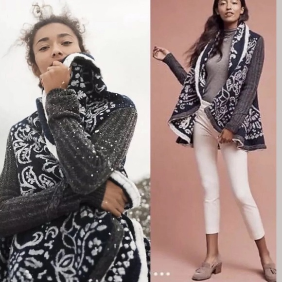 Sleeping on Snow Anthropologie Blue White Wool First Snow Sweater Coat Small S - Picture 3 of 4